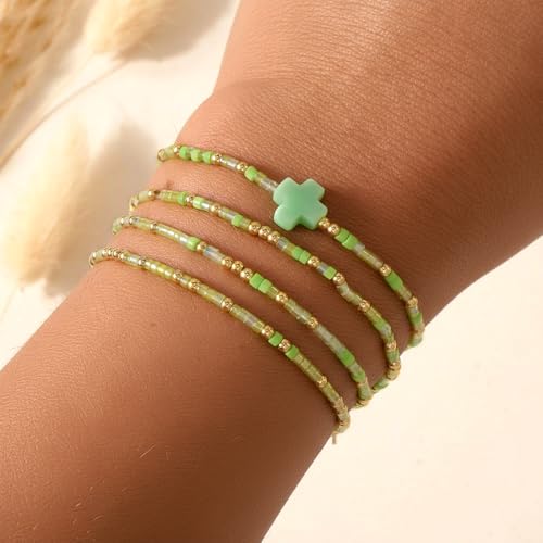 Christian Cross Christmas Stackable Seed Beaded Bracelets for Women, Boho Colorful Healing Stretch Accessories God Christ Pray Faith Amulet Jewelry, Daily Party Holiday Friendship Gift - color: Green