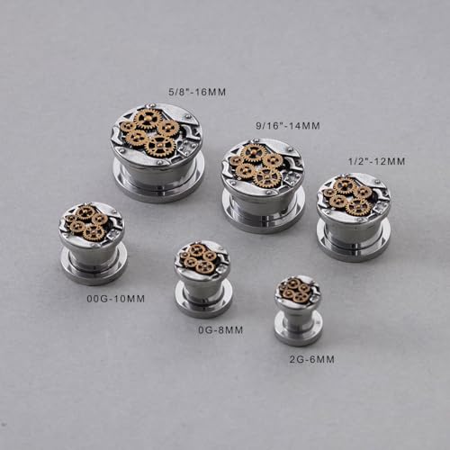 COOEAR Stainless Steel Ear Tunnel and Plug, Flesh Gauges for Earrings, Industrial Gears Design Piercing Expander Stretchers. - color: S8708G, size: 1/2" (12mm)