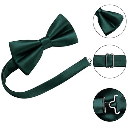 Hi-Tie 5Pcs Mens Solid Color Silk Tie Satin Pretied Bowtie Lapel Pin for Men Handkerchief Cufflink Wedding Gift Box - color: Dark Green
