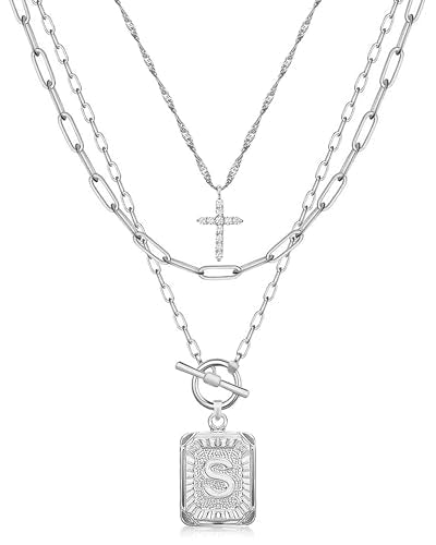 MJartoria Layered Initial Necklaces for Women Trendy, 14K Gold Plated Brass Simple Dainty Cross Choker Square Letter Pendant Necklace, Paperclip Chain Necklaces Jewelry - color: Silvery, style: S