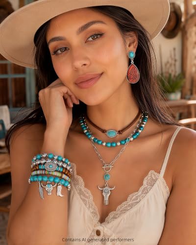 3Pcs Western Turquoise Jewelry Set Necklace Earrings Bracelet | Western Boho Style | Turquoise Beaded | Ox-Head Pendant | Layered Necklace | Faux Leather Cuff | Personalized Gift - color: Color-2
