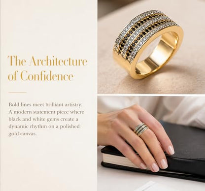 Hexa Wide Band Statement Ring, Fashion Rings for Women, Elegant Gold Jewelry Accessories,Perfect for Party & Date Night, Hypoallergenic & Durable - color: Gold Black