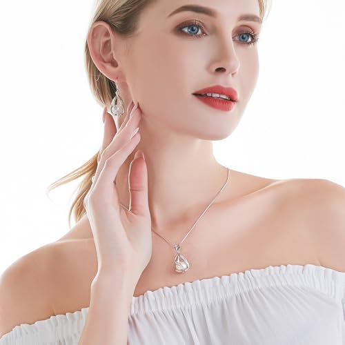 Pearl Jewelry Set For Women S925 Sterling Silver/14K Gold Plated Necklace & Earrings Set Freshwater Pearl Pendant Cage Set for Wedding Anniversary Prom Birthday Gift - color: Silvery-White