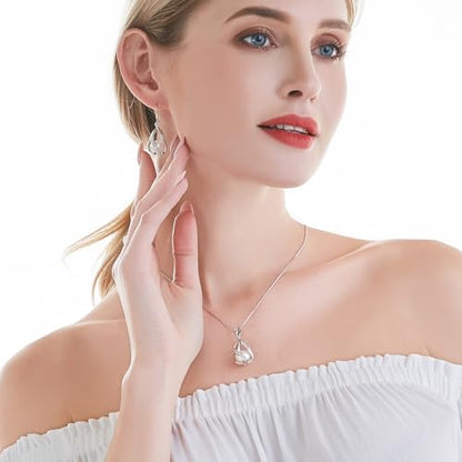 Pearl Jewelry Set For Women S925 Sterling Silver/14K Gold Plated Necklace & Earrings Set Freshwater Pearl Pendant Cage Set for Wedding Anniversary Prom Birthday Gift - color: Silvery-White