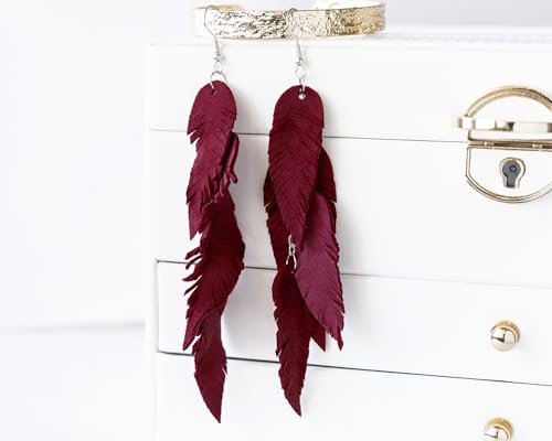 Leather Feather Earrings, Suede layered earrings, boho wedding jewelry, summer earrings, gift for her, dangle earrings - color: dark red