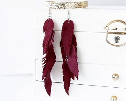 Leather Feather Earrings, Suede layered earrings, boho wedding jewelry, summer earrings, gift for her, dangle earrings - color: dark red