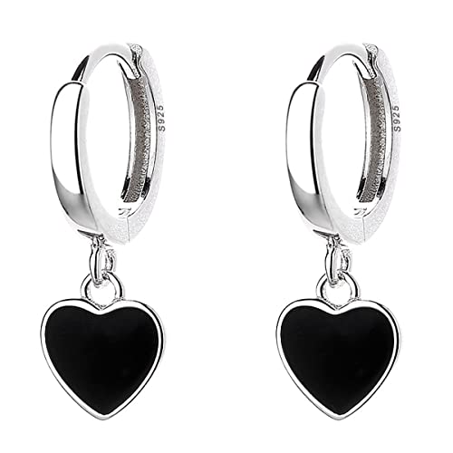 SLUYNZ Sterling Silver Black Heart Hoop Earrings for Women Teens Love Heart Hoop Earrings Huggie - color: A-SILVER