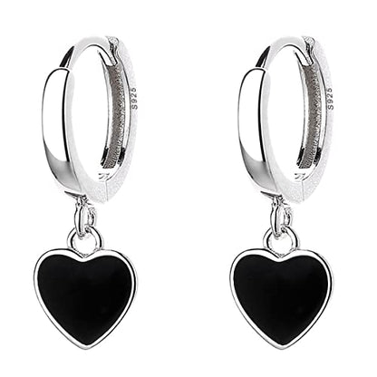 SLUYNZ Sterling Silver Black Heart Hoop Earrings for Women Teens Love Heart Hoop Earrings Huggie - color: A-SILVER