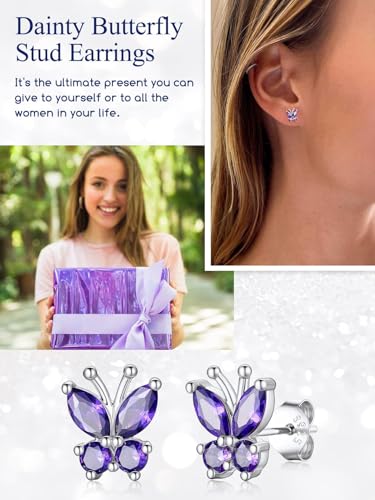 Suplight Butterfly Stud Earrings 925 Sterling Silver 14K Gold Brithstone Earrings for Women Brithstone Jewelry Gifts - color: 02.February ( Amethyst), size: Silver