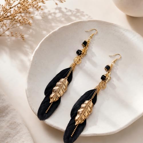 FRESHME Native American Earrings for Women - Ethnic Boho Feather Dangle Jewelry with Tessel for Birthday Party Photoshoot - color: Black