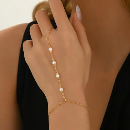 Gold Hand Chain Bracelet for Women 18K Gold Plated Stainless Steel Ring Bracelet Hand Chain with Pearl Star CZ Adjustable Hand Jewelry Chain Gifts - color: Y 4Pearl-Gold