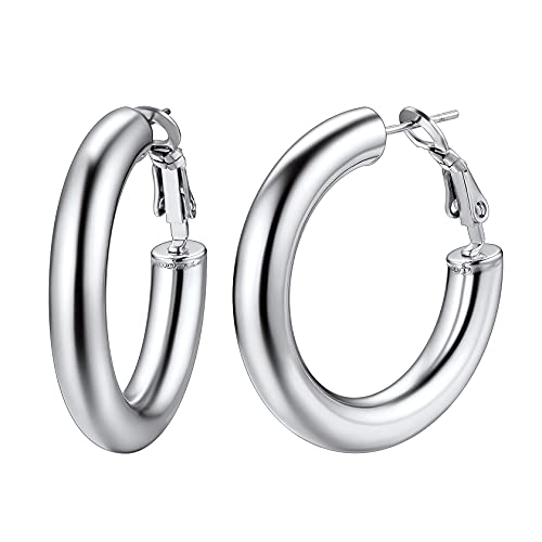 ChainsHouse 30/40/60/80mm Hoop Earrings for Women,Chunky Earrings in 18K Gold Plated/Silver/Black,Minimalist Jewelry Round Tube Hoops Fits Sensitive Ears|Hypoallergenic&Waterproof,with Gift Box - color: E:steel-round tube, size: 30MM