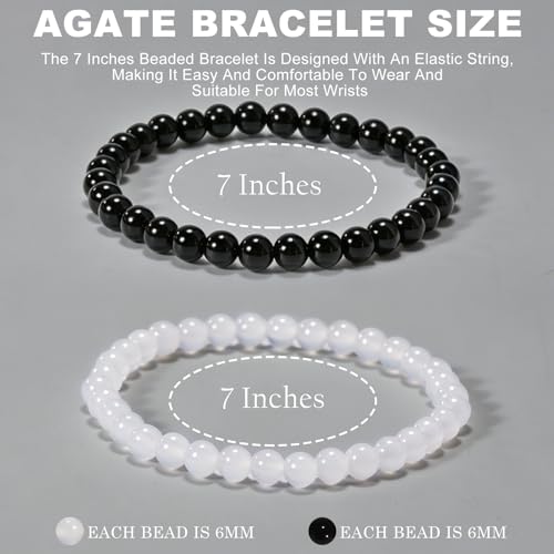 2PCS Agate Bracelet for Women Men Natural Round Beaded Agates Stone Healing Stretch Bracelets Elastic Handmade Polished Gemstone Beads Bracelet - color: Black+White, size: 6mm Beads