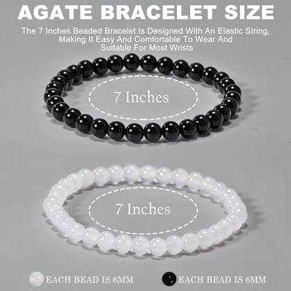 2PCS Agate Bracelet for Women Men Natural Round Beaded Agates Stone Healing Stretch Bracelets Elastic Handmade Polished Gemstone Beads Bracelet - color: Black+White, size: 6mm Beads