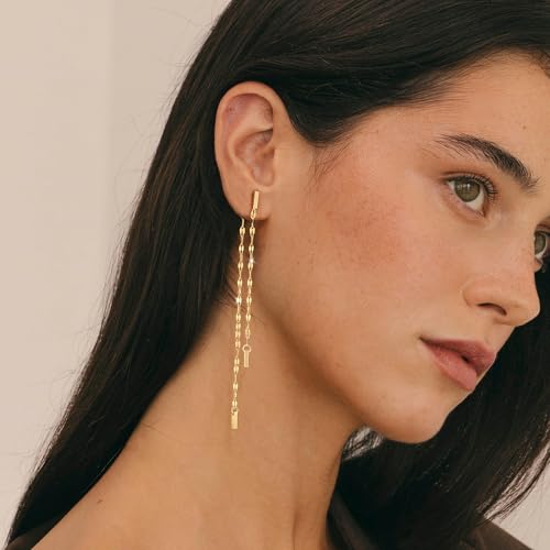 Robaice 14K Gold Plated Dangle Earrings for Women, Long Drop Earrings | Dainty Tassel Earrings Trendy, Hypoallergenic Dangling Lip Block Snake Chain, Threader Earrings for Women, Jewelry Gifts - color: Gold 4