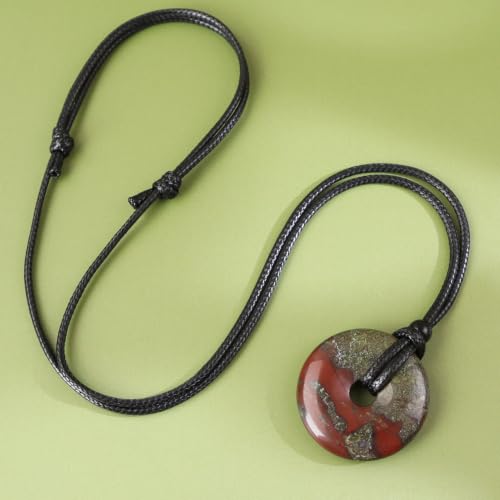 Anjiucc Natural Gemstone Pendant Necklce Lucky Coin Crystal Necklace Donut Pendnat with Adjustable Rope Healing Crystal for Men - color: Dragon Blood Stone
