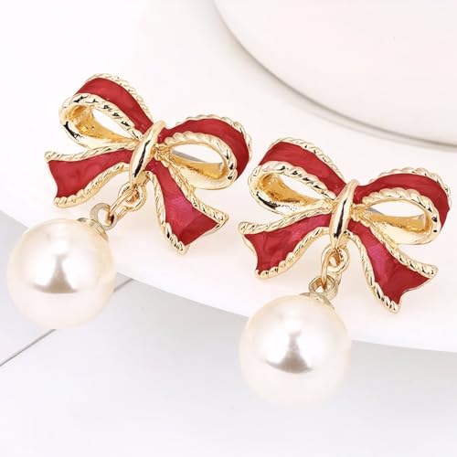 Gold Bow Earrings for Women, Long Tassel Chain Drop Earrings, Trendy Small Bow Earrings, Ribbon Waterfall Dangling Earrings, Pearl Bow Earrings, Sparkly Elegant Bowknot Preppy Jewelry Gifts for Women - color: Red