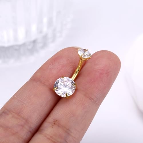 14G Surgical Steel G23 Titanium Sterling Silver 14K Gold Plated Belly Button Rings for Women Round Cubic Zirconia Navel Barbell Stud Hypoallergenic Body Piercing Jewelry - color: 14K Gold Plated, size: 10mm-Universal