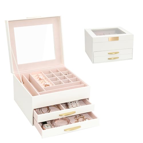 Jewelry Storage Box with Glasses Lid, 3-Tiers Jewelry Organizer Box for Women Girls, Jewelry Case for Rings, Bracelets Earrings, Necklaces (White) - color: White 2, size: 3-Layer