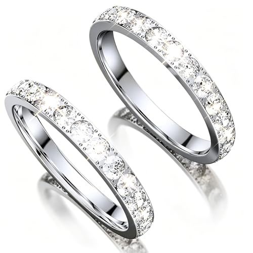 Tensea 2-Pack 14K Gold Plated Stackable Bands Compatible for Oura Ring Gen 5/4/3, Wedding Cubic Zirconia Simulated Diamond Ring Stack, Smart Ring Stacking Rings for Women, Size 6 7 8 9 10 - color: Silver+Silver