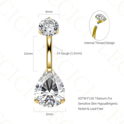 Titanium Floating Belly Button Rings 14G, ASTM F136 Implant-Grade Curved Barbell, Internal Thread with 6mm Teardrop Gems, Sparkle Navel Piercing Jewelry, 10mm/12mm Length - color: Teardrop Gold-Clear CZ, size: 3/8"(10mm)