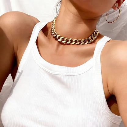 FEEL STYLE Chunky Gold Necklace for Women - 14K Gold Plated 10mm/14mm Cuban Link Chain & 8mm O-Link Chunky Necklace Fashion Jewelry Adjustable - color: Gold Chain, style: 14MM Cuban Link Chain