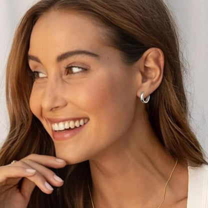 Fiusem 14K Gold Plated Huggie Hoop Earrings for Women | 8/10/12 Hypoallergenic Small Twisted beaded Huggie Earrings - color: Silver Hoop, size: 12MM