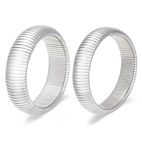 Gold Chunky Stretch Snake Chain Bangle Bracelets Stack for Women Trendy, 18K Gold Filled Stainless Steel Stretchy Womens Stackable Wristband Bangles Bracelet Set - style: SILVER 20MM 2PCS