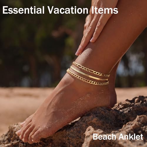 DEARMAY Gold Anklets for Women Waterproof | Non Tarnish14K Gold Plated Ankle Bracelets Set Stack, Summer Beach Jewelry Gifts for Vacation - color: Gold Anklet-A