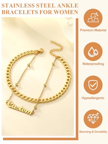 Custom4U Custom Name Anklet Bracelets for Women Waterproof Beaded/Figaro/Cuban/Rope/Wheat Chain Anklet Stackable Gold Plated Non Tarnish Custom Beach Gift Barefoot Summer Jewelry for Her - color: B01-Gold Cuban Chain