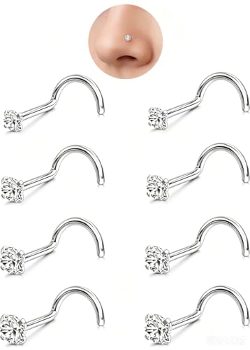 8Pcs 20G Gold/Silver 316L Surgical Stainless Steel L Shaped Corkscrew Nose Studs earrings, Hypoallergenic Nickel Free Tiny Clear Cubic Zirconia Nose Piercing Jewelry 2mm‑4mm,cartilage piercings, Minimalist Dainty Body Piercing Accessories for Sensitive Sk