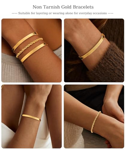 ZOERAY Silver Gold Bangle Bracelets for Women Non Tarnish 14k Gold Plated Stackable Cuff Bracelets for Women Trendy Cubic Zirconia Stainless Steel Chunky Bracelet Stack Set Waterproof Jewelry Gifts - color: C.Rope-Gold