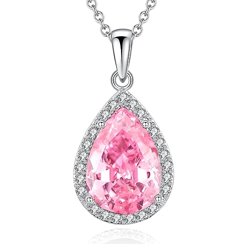 VONSSY Classic Oval Pendant Gemstone Necklace | Crystal Ruby Sapphire Waterdrop Birthstone Teardrop Emerald Necklace | 18K Platinum Gold Plated Chain | Jewelry Gift for Mother Wife Girlfriend - color: NL-Pink-Platinunm