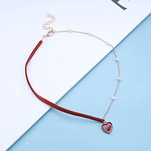Andelaisi Boho Red Velvet Choker Necklace Vintage Pearl Heart Pendant Necklace Red Heart Necklace Love Heart Pearl Stitching Necklace Jewelry for Women