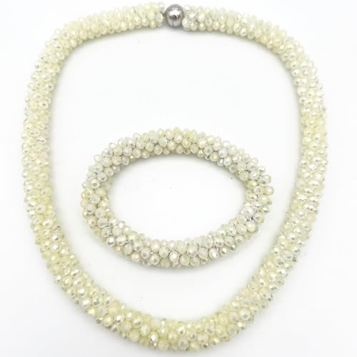 Hand Knotted Beads Statement Necklace Bracelet Jewelry Set Artificial Crystal Choker for Women- Handmade Beaded Strand Sparkly Faceted Crystal Rondelle-17inches, 30 Colors - color: Beige Set