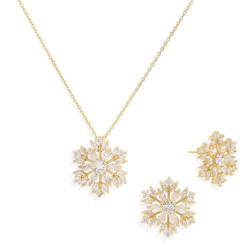 Gold Silver Stud Earrings Pendent Necklace Sets for Women, Dainty Rhinestone Crystal Necklace Earing Jewelry Set Wedding Accessories Fashion Holiday Gift - color: snowflakegold