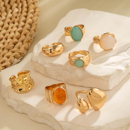 Chunky Gemstone Rings for Women Gold Silver Chunky Rings Set Adjustable Thick Statement Ring Trendy Fashion Silver Jewelry - style: BGold
