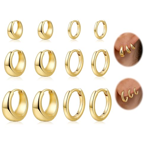 HILXURY 6 Pairs Small Gold Huggie Hoop Earrings for Women, 14K Gold Plated Cartilage Piercings Hoop Earrings Hypoallergenic, Trendy Lightweight Chunky Hoops Set for Women Gifts. - color: C- Gold