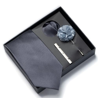 joy alice 30 Colors Solid Ties for Man Pure Color Men's Tie Set with Lapel Pin Pocket Square Tie Clip - color: Dark Grey