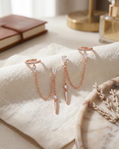 Gold Earrings for Women Trendy 14K Gold Plated Dangle Earrings Small Hoop Huggie Drop Stud Earrings Cubic Zirconia Simple Minimalist Dainty Chain Tassel Hypoallergenic Earrings - color: Ear Cuff & Rose Gold