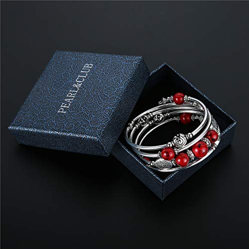 Beaded Pearl Bangle Wrap Bracelet - Fashion Bohemian Jewelry Multilayer Charm Bracelet with Thick Silver Metal Beads, Gift For Women - color: 13-Red