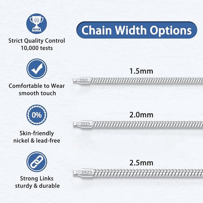 Jewlpire 1.5mm 2mm 2.5mm Snake Chain 18k Gold Plated 925 Sterling Silver Chain Necklace for Women, Smooth Sturdy Hypoallergenic, 16 18 20 22 24 Inch - color: 2.0mm Silver, size: 18 Inches