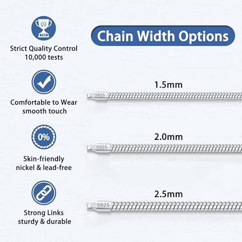 Jewlpire 1.5mm 2mm 2.5mm Snake Chain 18k Gold Plated 925 Sterling Silver Chain Necklace for Women, Smooth Sturdy Hypoallergenic, 16 18 20 22 24 Inch - color: 2.0mm Silver, size: 16 Inches