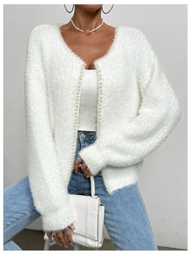 SOLY HUX Women's Fuzzy Open Front Cardigan Elegant Pearl Long Sleeve Dressy Casual Sweaters Outerwear - size: Medium