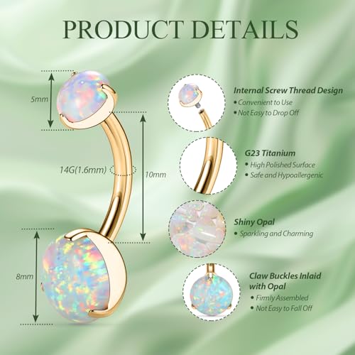 FUNLMO 14G Belly Button Ring Titanium Belly Button Piercing Belly Ring Internally Threaded Navel Piercing Jewelry - color: Gold-White Opal