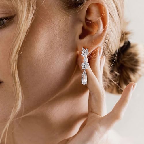 Dangle Drop Gold Earrings Women Prom with CZ Wedding Jewelry Gift | Dangling for Bridal, Sparkly Diamond , Gifts for Women, Dainty, Trendy, Butterfly Back - color: Silver-Leaf Drop