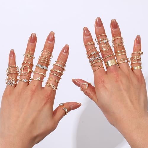 CHICUTIE Gold Knuckle Rings Set For Women Stackable Joint Finger Midi Rings Dainty Cubic Crystal Zirconia Simple Hollow Twist Cute Rings Pack Jewelry Gift - style: 46pcs Gold