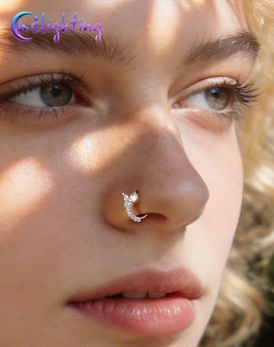 Melighting 20G Butterfly Nose Ring Hoop 8 mm Open Seamless Nose Piercing Jewelry Surgical Steel 316L, Twist Nostril Ring with Marquise and Round CZ, Silver Flower Body Piercing for Women - style: Butterfly