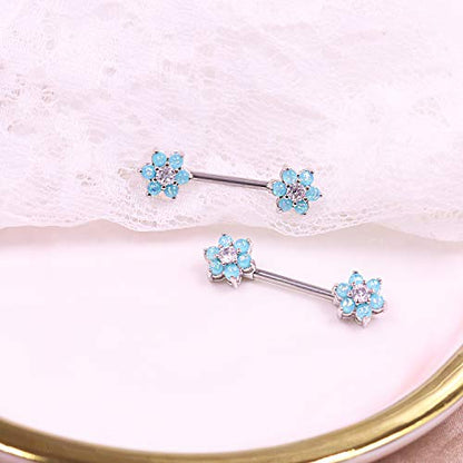 14G Opal Flower CZ Nipple Barbell Nipple Ring Piercing Jewelry for Women - color: blue