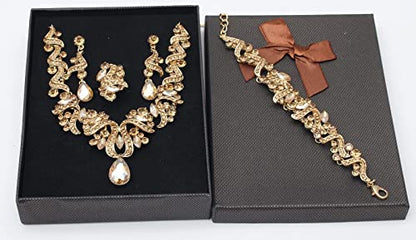 Jewelry Set for Women, Statement Necklace Dangle Earrings Bracelet Ring, White/KC Gold Plated Jewelry Set with Rhinestone Pearl Crystal Wedding Party Jewelry for Bridal Bridesmaid - color: Set001-Style2-Champagne-Gold Plated